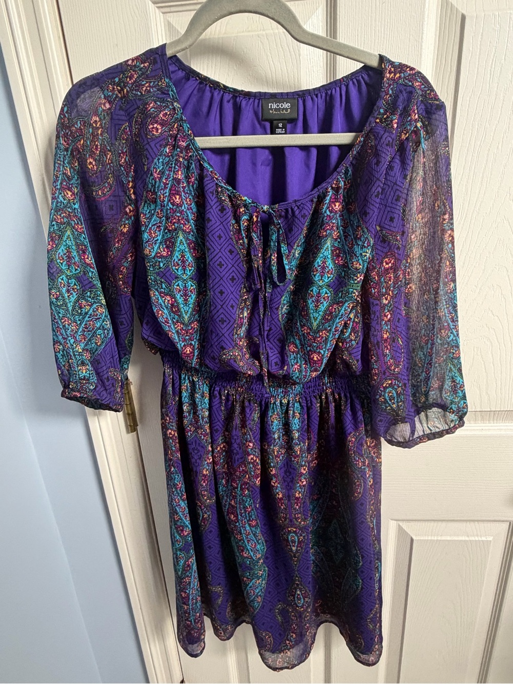 Nicole Purple Paisley Tie-Front Long Sleeve Dress with Teal Accents